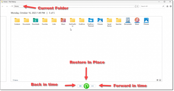 File History restore interface.