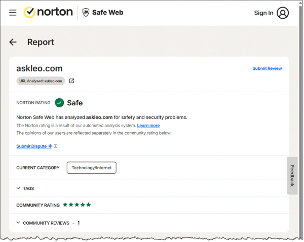 Norton Safe Web results for askleo.com.