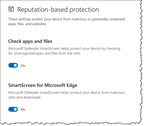 Smart Screen in Windows Security.