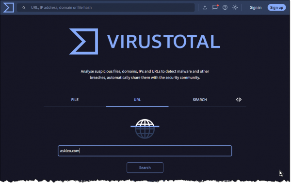 Virus Total URL scan entry.