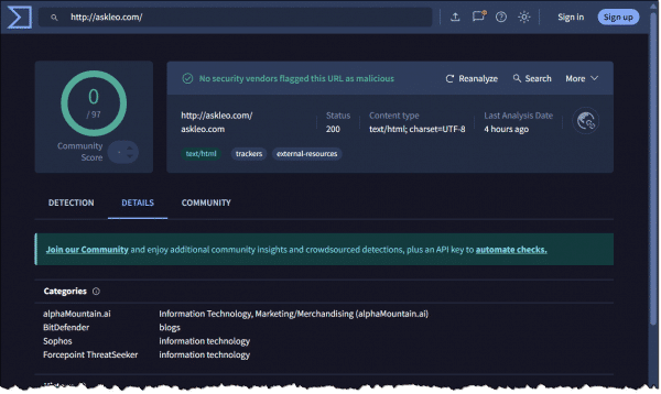 Virus Total Details tab