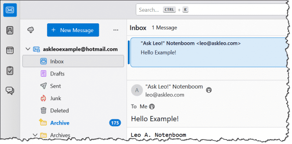 An outlook.com account open in Thunderbird.