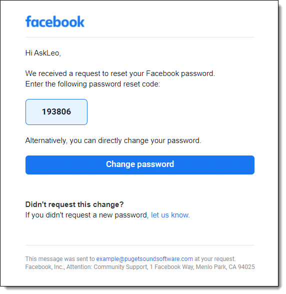 Facebook Recovery Code email