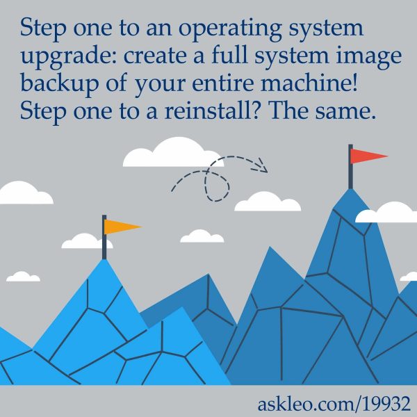 Step one to an operating system upgrade: create a full system image backup of your entire machine! Step one to a reinstall? The same.