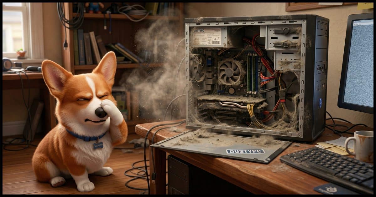 An open desktop computer overflowing with dust, and a Corgi nearby covering his nose in disgust.