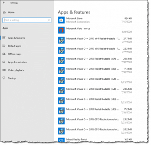 Visual C++ Redistributables in Settings, Apps & features