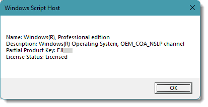 slmgr.vbs showing license info.
