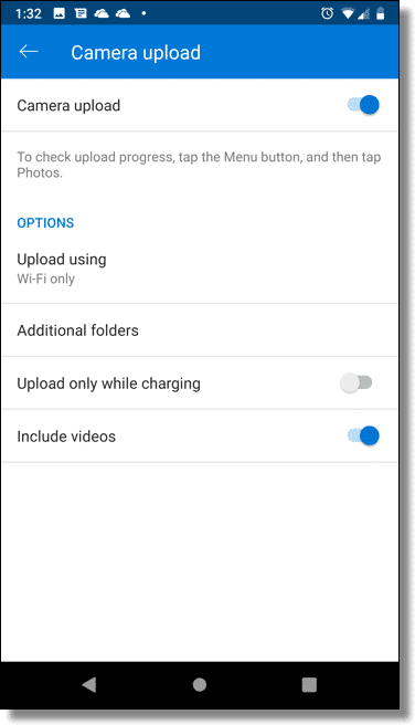 OneDrive Camera Upload Settings