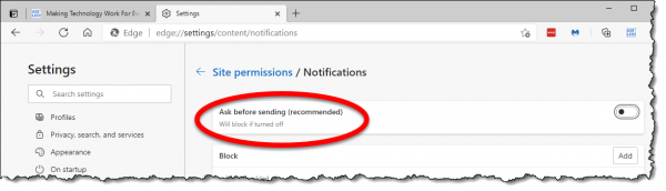 Edge: Ask before sending notification setting.