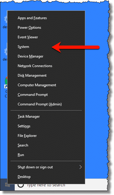 System item on the right-clicked Start menu