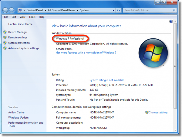 Windows 7 Edition in the System Properties dialog
