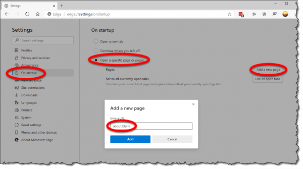 Edge Startup settings
