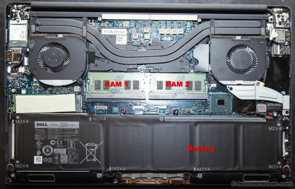 Laptop interior showing battery and RAM cards