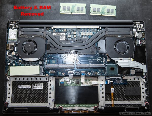 Laptop interior with battery and RAM removed
