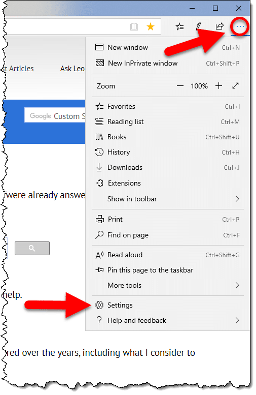 Edge menu, showing Settings option