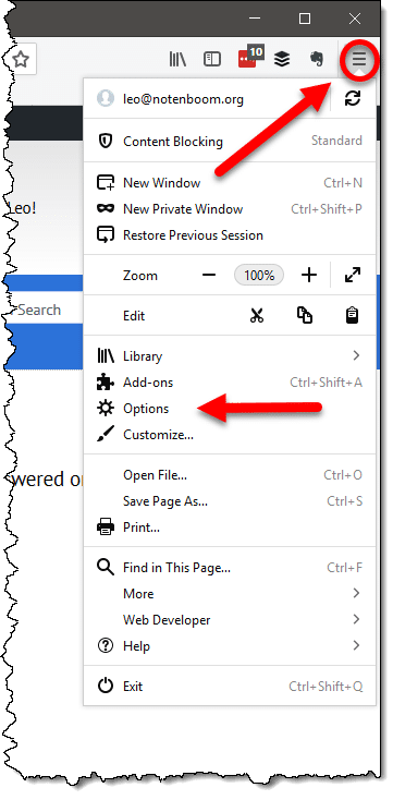 Menu in Firefox, showing the Options item