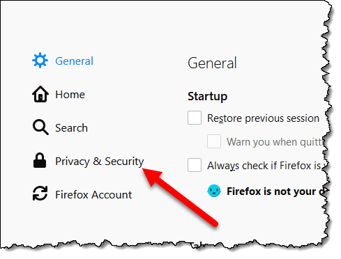 Privacy & Security link in Firefox Options