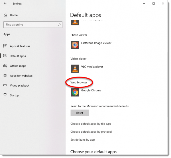 The default web browser setting in Windows 10