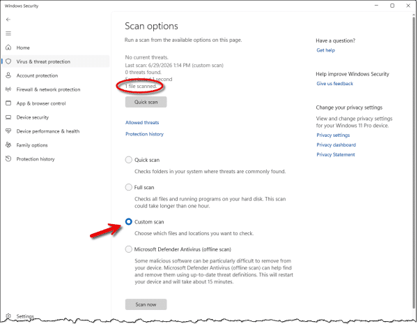 Custom scan in Windows Security