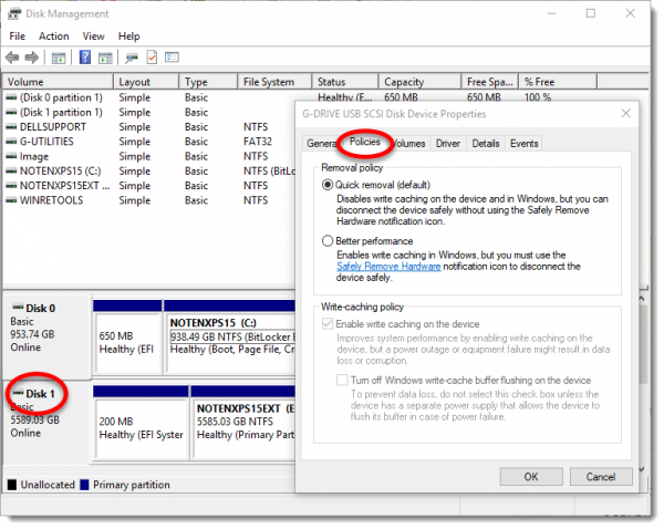 Disk management dialog highlighting the Removal policy