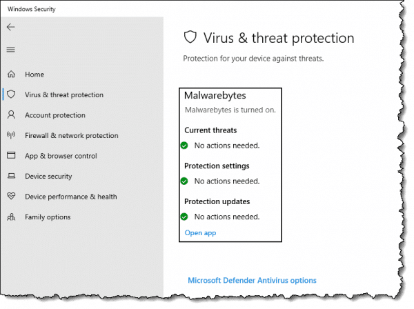 Malwarebytes in Windows Security