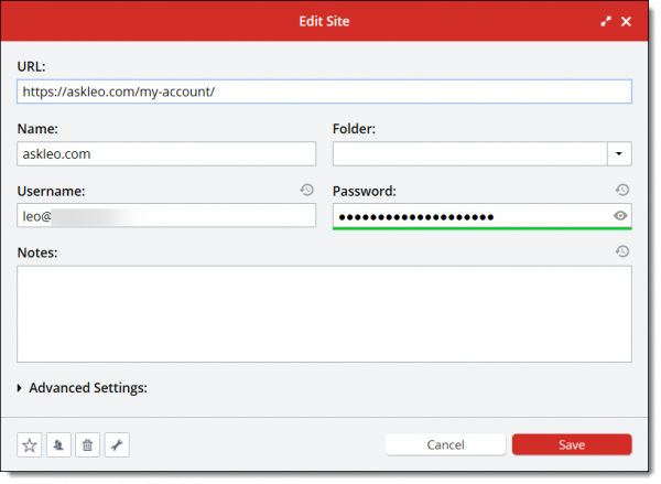Lastpass displaying an entry