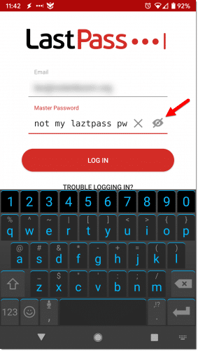 Entering a password into LastPass, with visibility enabled