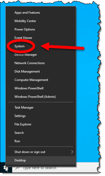 System item in the right-click Start menu