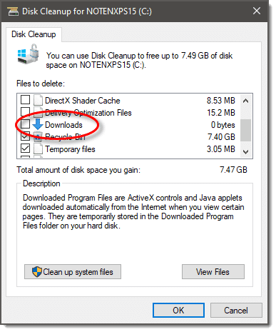 Disk cleanup utility - Downloads folder setting