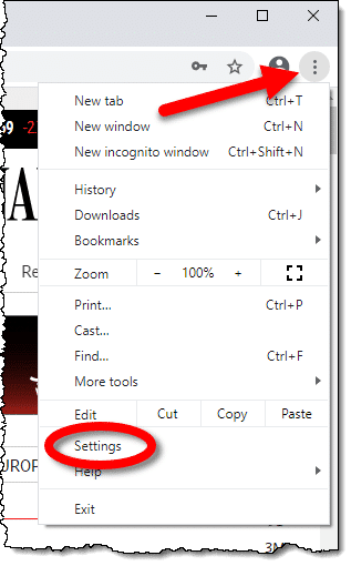 Google Chrome Settings menu item