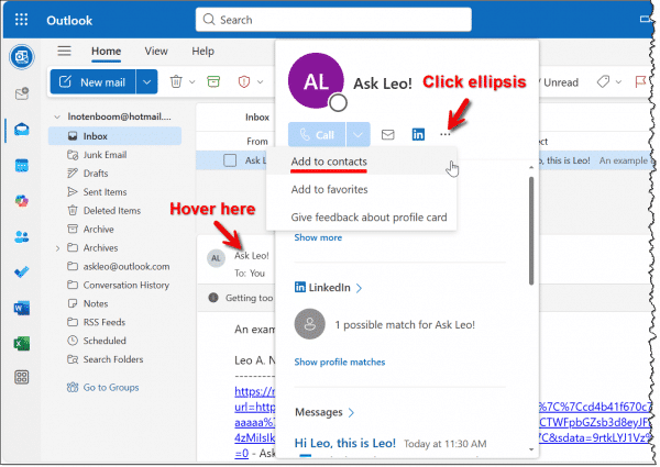 Adding a From address to Contacts.