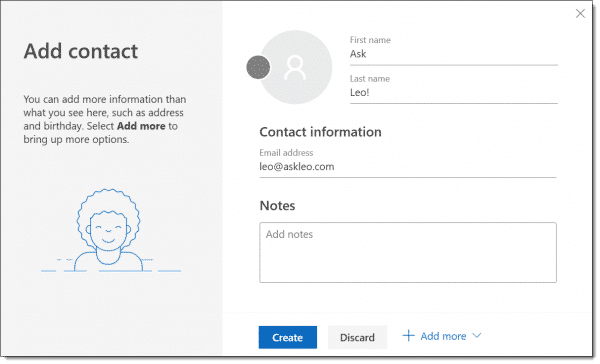 Adding a contact at Outlook.com.