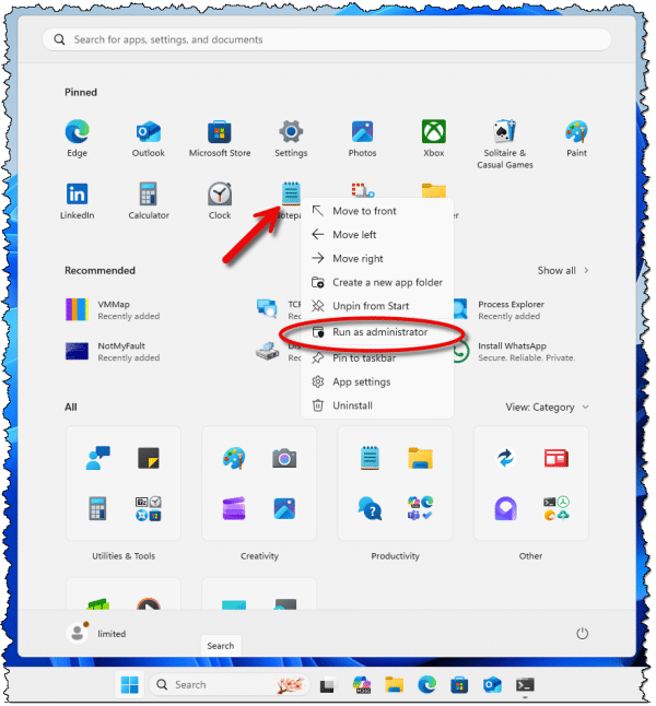 Running notepad as administrator.