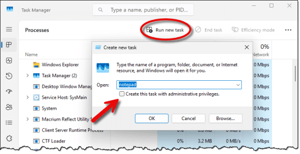 Using Task Manager to run Notepad.