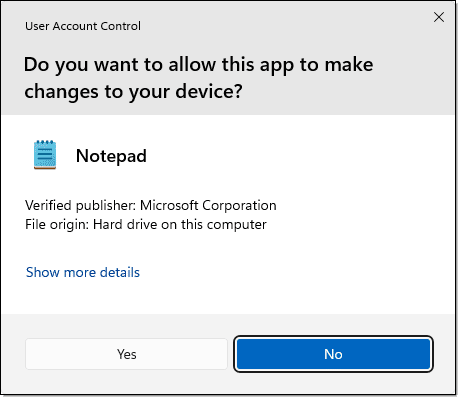 Running Notepad as administrator result.
