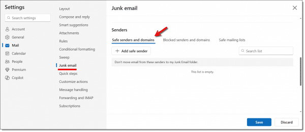Outlook.com Safe Senders list.