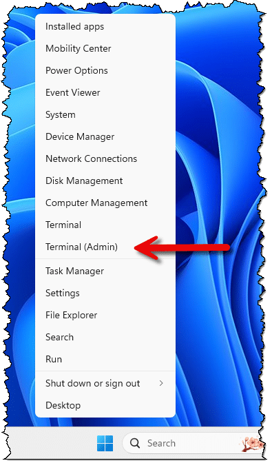 Terminal (Admin) in the alternate Start menu.