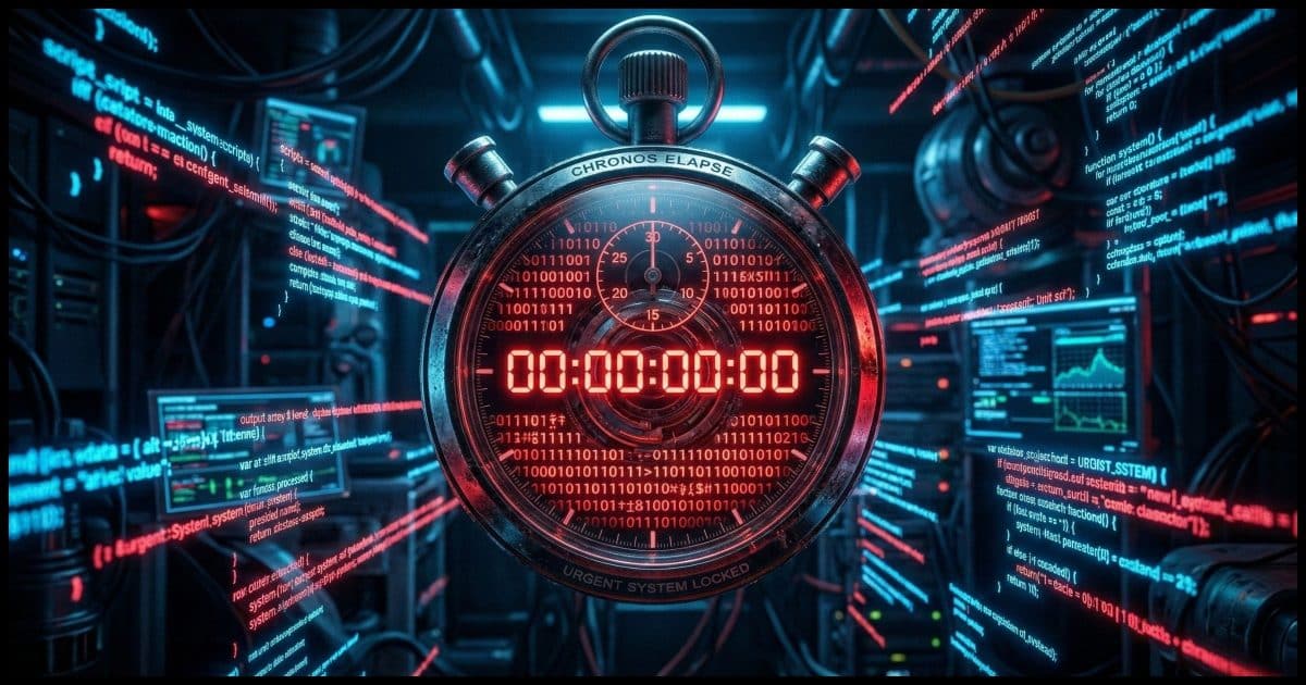 A dramatic stopwatch frozen at zero, with streams of glowing red computer code racing through the clock face. Dark background with electric blue and red lighting creates urgency and tension.