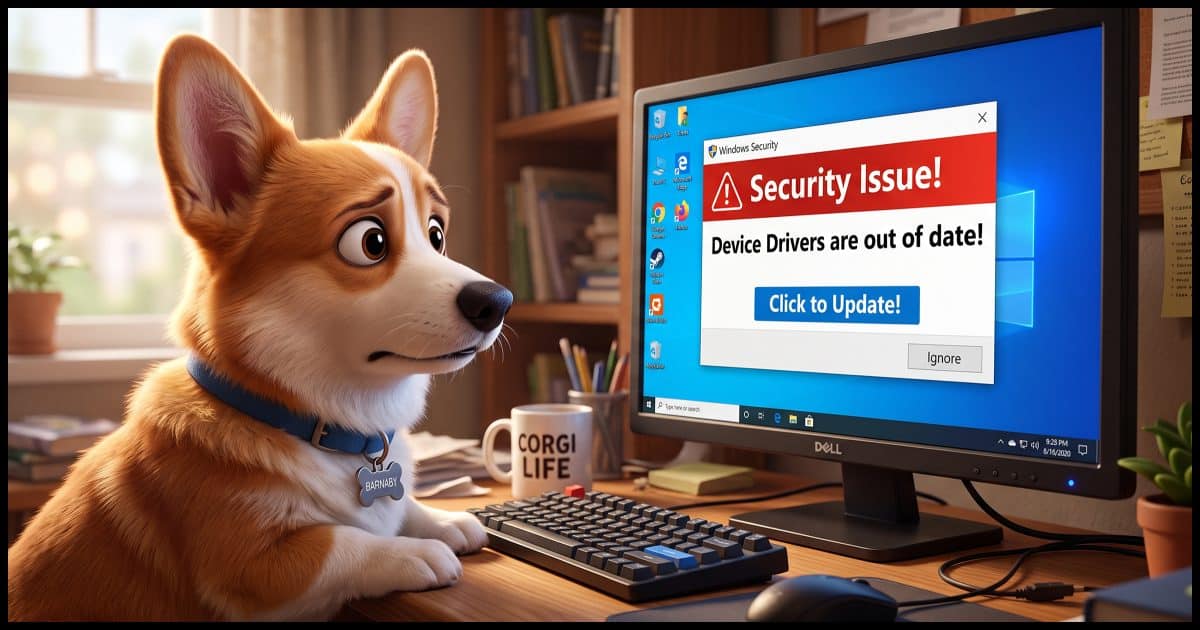 A Corgi looking concerned at a Windows PC computer screen with a larger error message saying "Security Issue! Device Drivers are out of date! Click to Update!"