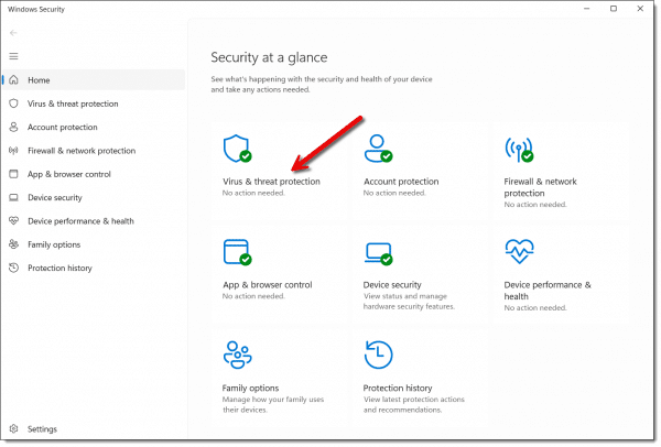 Security at a glance: Virus & threat protection.