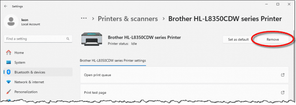 Settings -> Printer with Remove button highlighted.