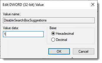 Editing the value of DisableSearchBoxSuggestions