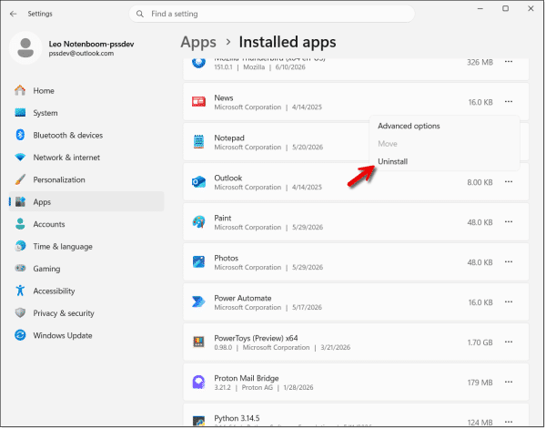 Uninstall apps screen in Windows 11.