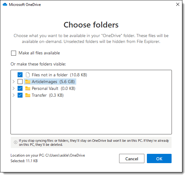 OneDrive Choose folders