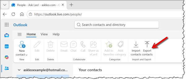 Export Contacts button in Outlook.com.