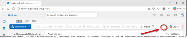 Ribbon expand control on Outlook.com.