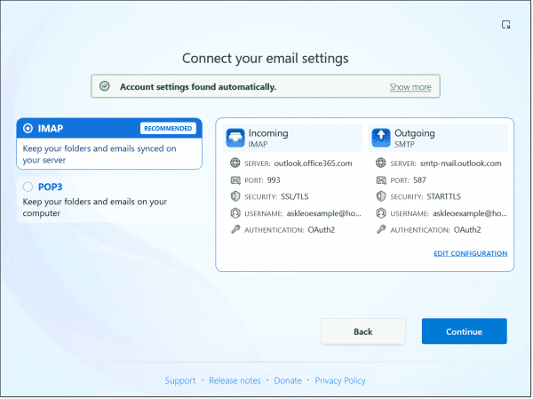 Summary of Hotmail account settings.