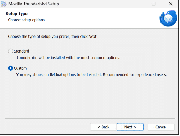 Thunderbird setup type. (Screenshot: askleo.com)