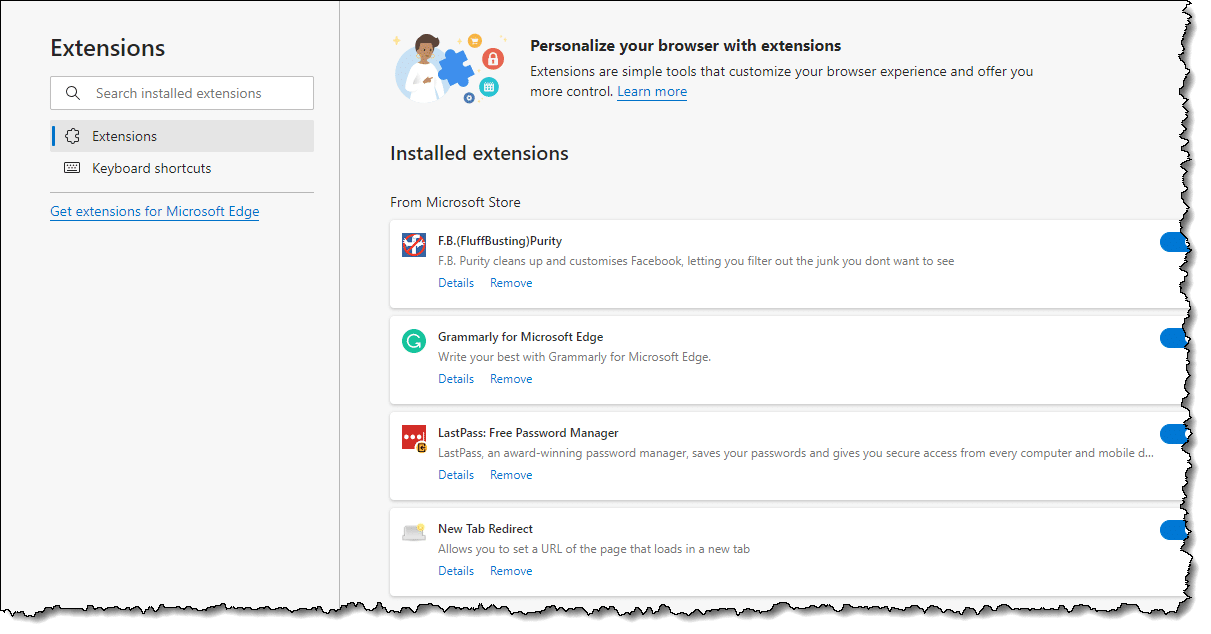 Extensions page in Microsoft Edge.