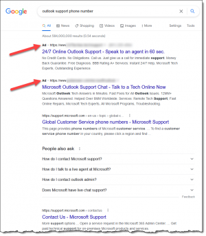 A Google search for "outlook support phone number"